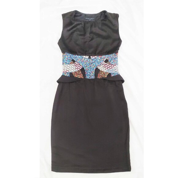 Cynthia Rowley Women's Black Sheath Dress with Asian Patchwork Waist Detail 0 - Picture 4 of 8